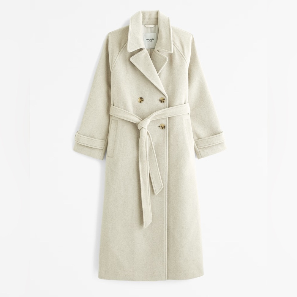 Elegant Cream Wool Belted Double-Breasted Coat